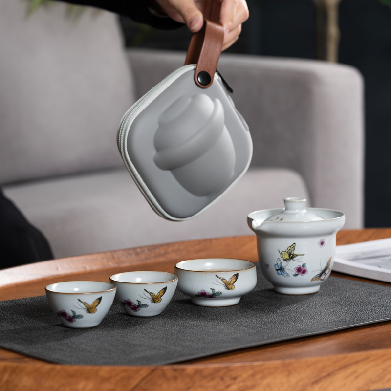 Bộ ấm trà tinh tế cho nữ Ruyao, Bộ ấm trà du lịch một người, túi lưu trữ cốc khách nhanh ngoài trời xách tay