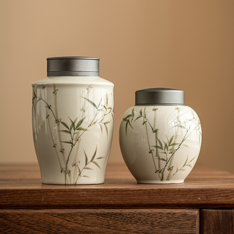 Bình đựng trà bằng tre xanh ngọc, bình kín gia dụng cao cấp cao cấp, bình đựng trà có nắp hợp kim kiểu Trung Quốc, bình đựng đồ gốm