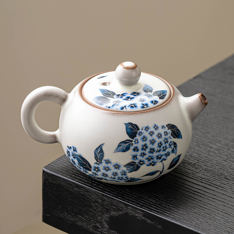 Ấm trà cổ điển kiểu Trung Quốc Ru Kiln, cốc trà, thạch mỡ lợn, hoa cẩm tú cầu Ruqing, ấm một ấm hai cốc, ấm pha trà gốm sứ