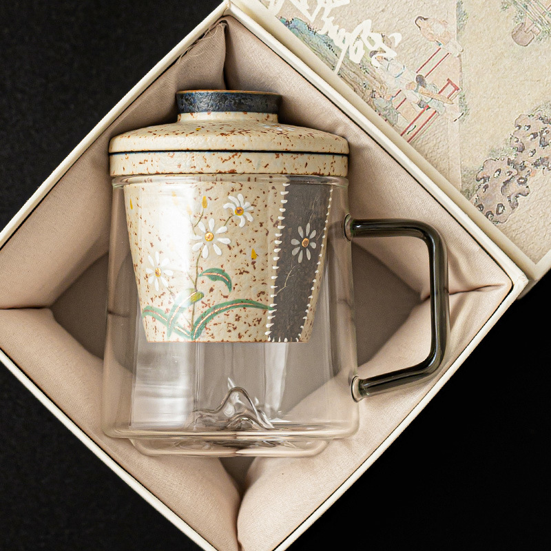 Cốc trà thủy tinh đỏ đá lửa trắng cốc có tay cầm vẽ tay hoa cúc nhỏ cốc văn phòng tách trà tách trà