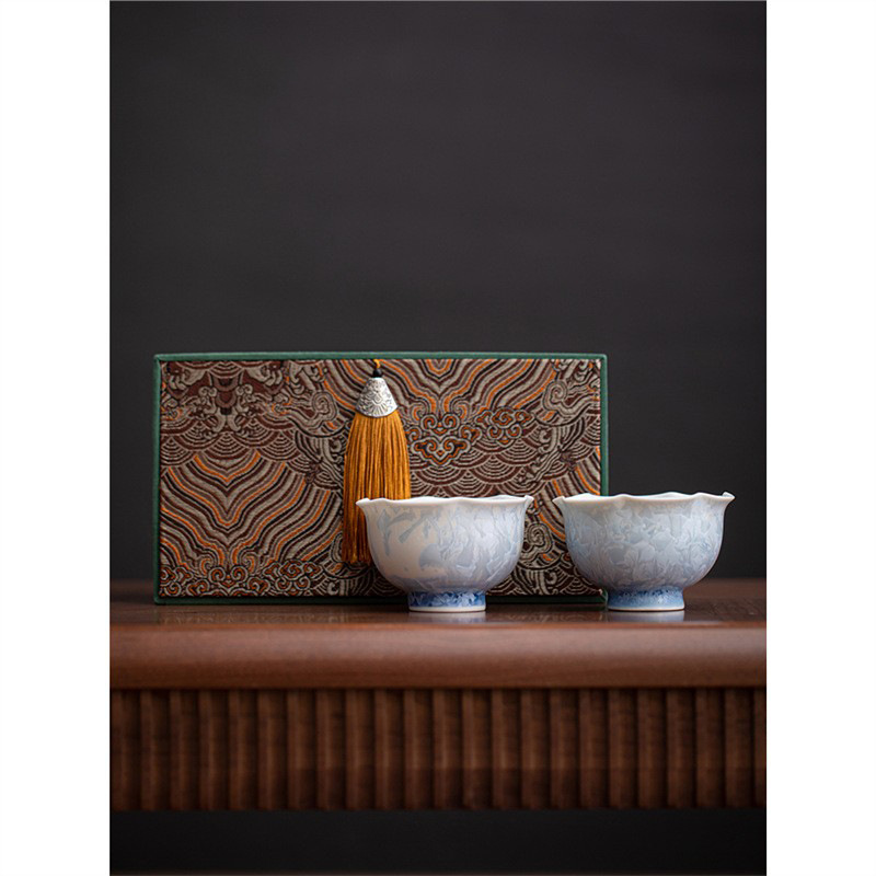 Cốc chủ nhân tráng men pha lê cặp cốc bộ ấm trà Kung Fu biến đổi lò nung màu xanh băng hoa cánh hoa cốc giá trị cao bán buôn quà lưu niệm