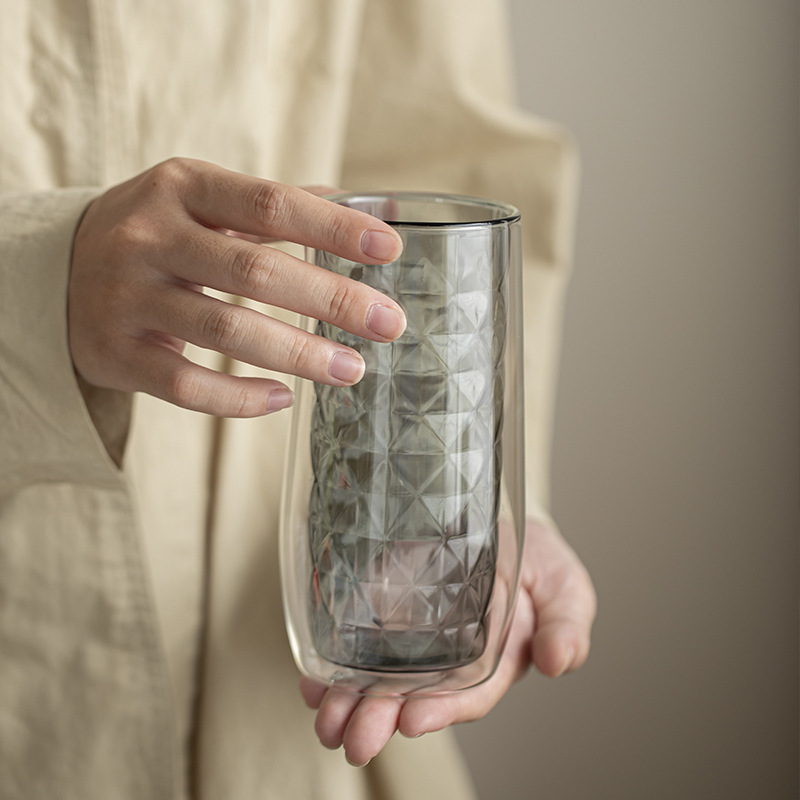 Ly nước thủy tinh hai lớp kẻ sọc, ly cola, ly cà phê chịu nhiệt độ cao, ly nước trái cây, ly đồ uống, đơn giản