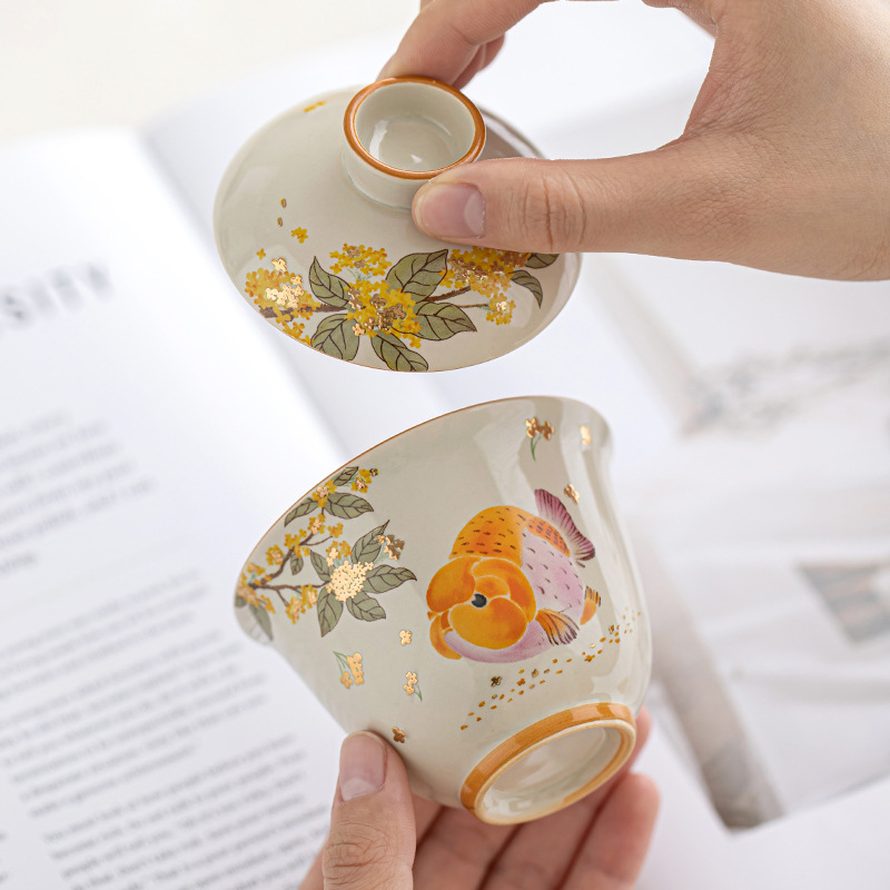 Bát có nắp hai cá osmanthus vàng xám thực vật phong cách quốc gia Bộ trà Kung Fu gốm sứ gia dụng Bát pha trà Trung Quốc Bát trà