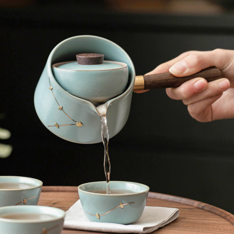 Lò nung Tianqingru, ấm trà gốm sứ, ấm trà đơn, ấm trà xoay sáng tạo, ấm ba cốc cầm tay