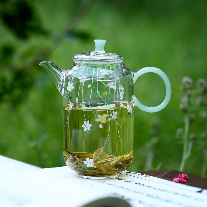 Ấm trà đặc biệt trà xanh mùa xuân có bộ lọc, ấm trà nhỏ thủy tinh borosilicate chịu nhiệt độ cao, bộ trà nhỏ tươi đơn nồi