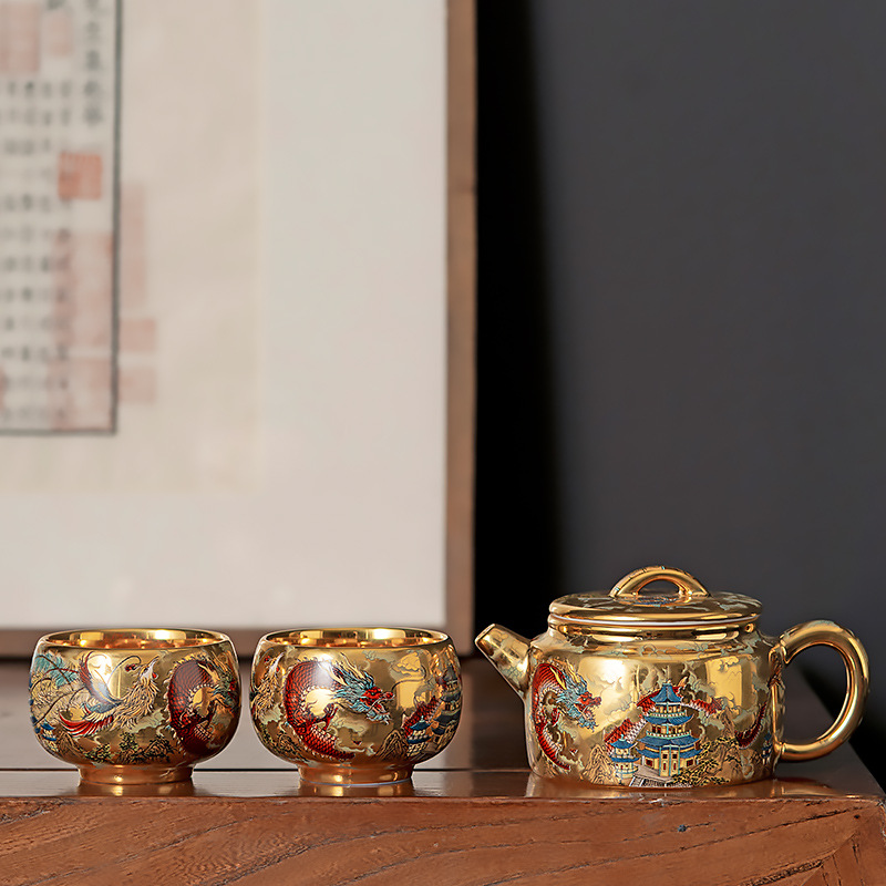 Zhou Hongjie, ấm trà rồng phượng mạ vàng, tách trà, bộ trà Kung Fu, một ấm hai cốc, hộp quà cao cấp cho bạn bè, lãnh đạo