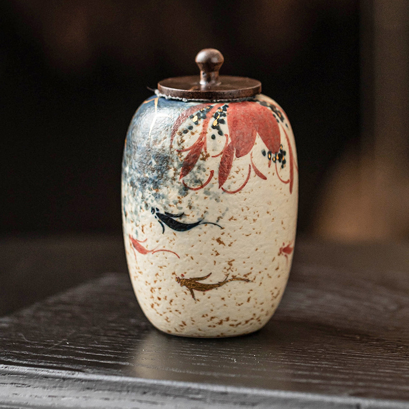 Chậu trà gốm sứ đỏ đá lửa trắng xanh, chậu trà koi vẽ tay hoa sen vẽ tay, chậu trà kín, cầm tay