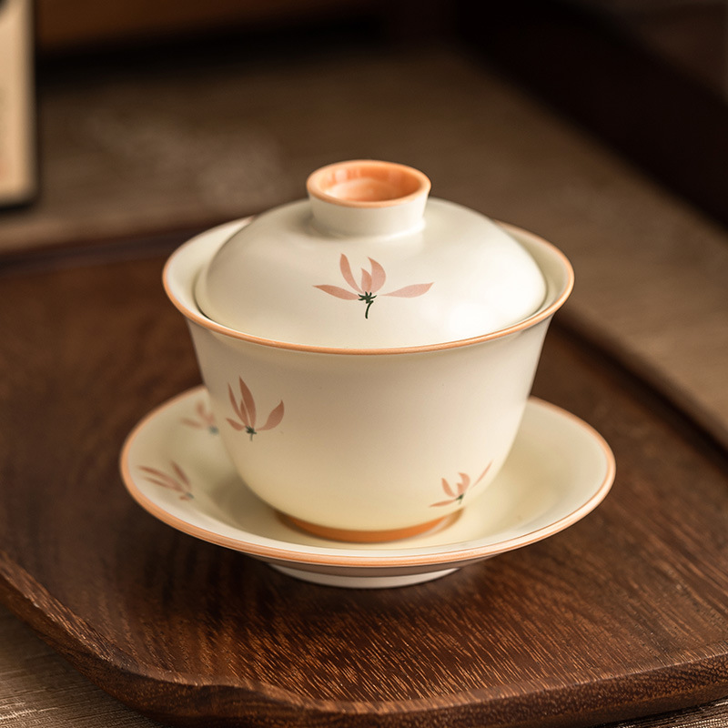 Bát có nắp tinh xảo hoa lan tráng men màu vàng gạo bát trà tam tài cao cấp bộ trà pha trà gia dụng gốm sứ kiểu Trung Quốc dung tích lớn