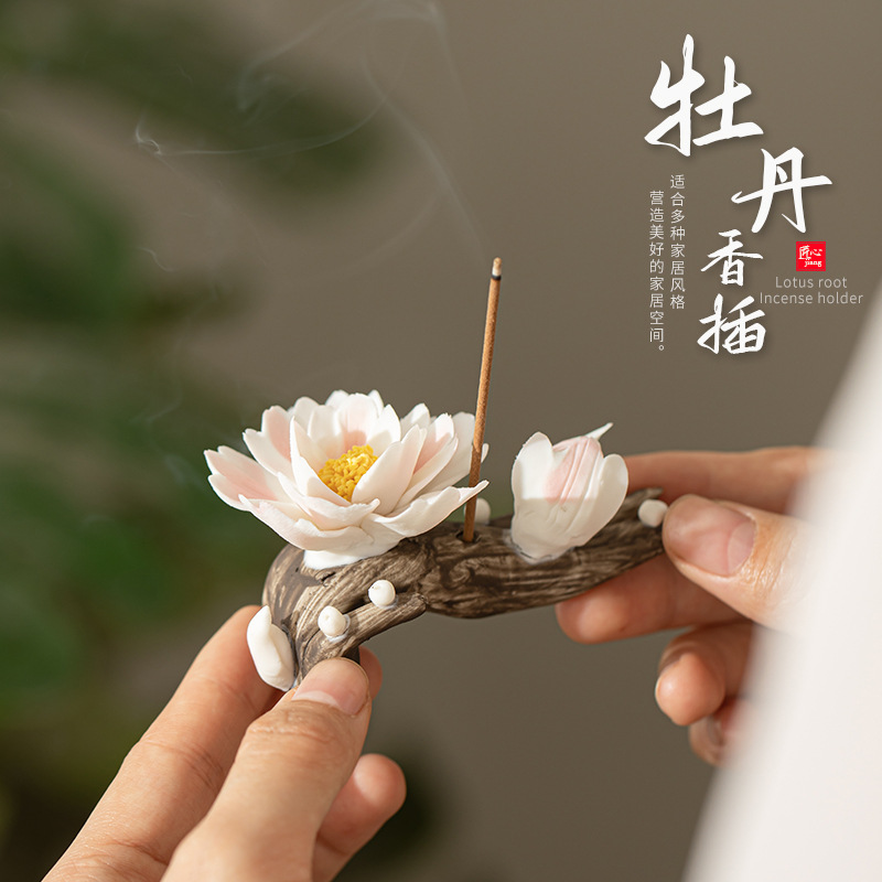 Lư hương hoa mẫu đơn, lư hương bằng gốm thủ công, ghế hương, phụ kiện trà đạo thiền, đồ trang trí để bàn, hương liệu sáng tạo