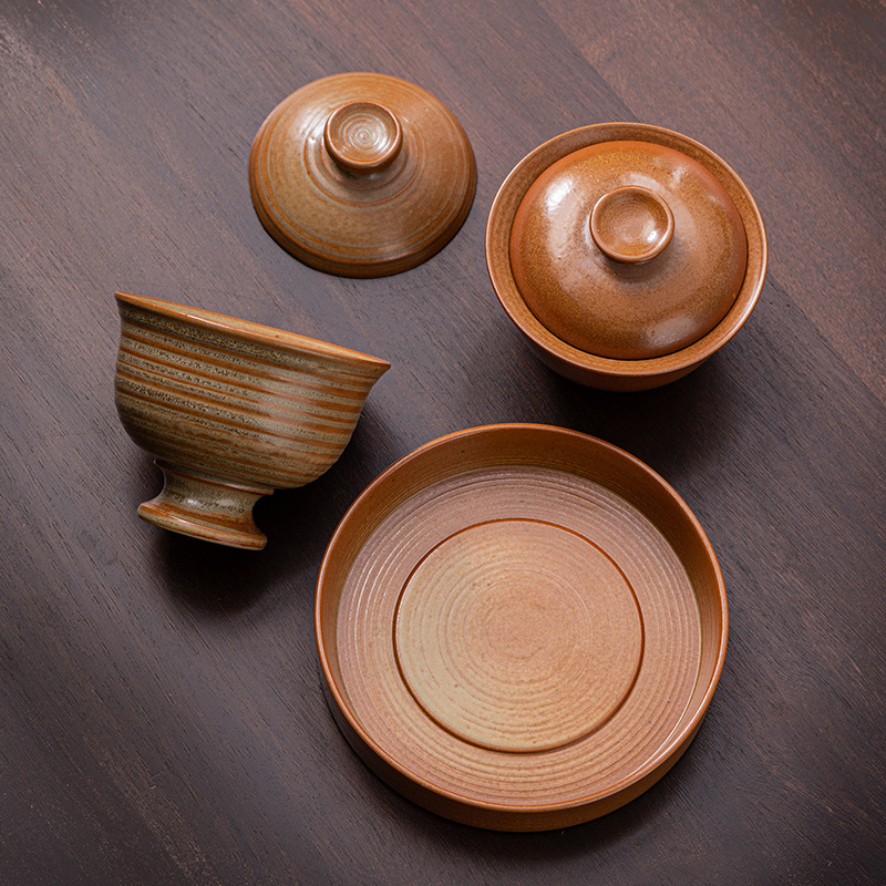 Bát đựng trà bằng đất đá cũ tráng men hai nắp phong cách Trung Quốc cổ điển gốm thô cũ bằng đất sét đá cũ hộp quà bộ trà kungfu gia dụng