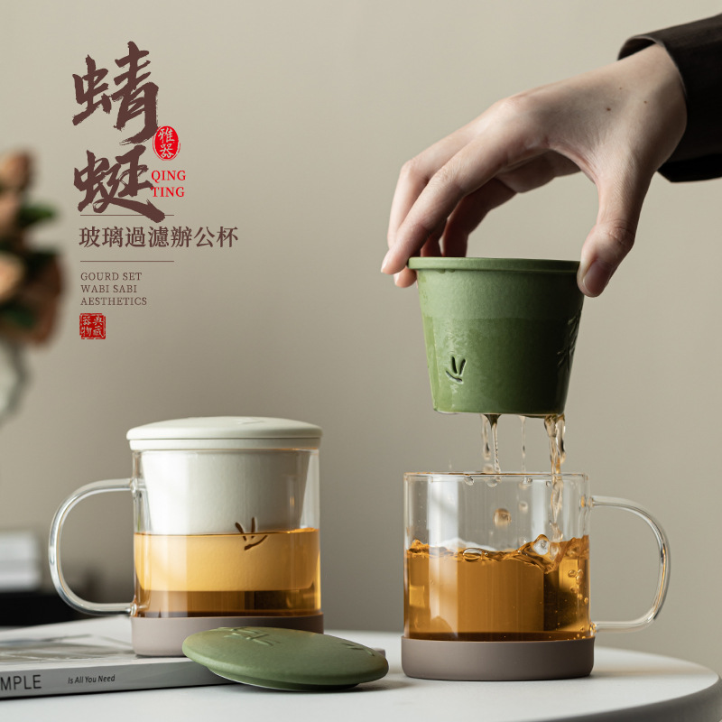 Cốc văn phòng chuồn chuồn thủy tinh cốc văn phòng gia dụng sáng tạo cốc lọc tách trà cốc cá nhân cốc uống nước