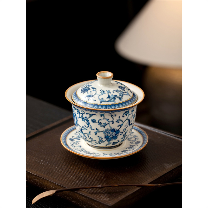 Bát có nắp thoáng trong lò sen xanh trắng, cốc trà Kung Fu mở gia dụng cao cấp có nắp, bát pha trà tam tài