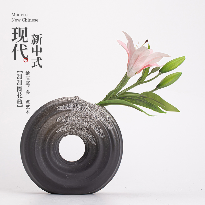 Bình bánh rán bình gốm sứ kiểu Trung Quốc mới cắm hoa sáng tạo nhà tròn hoa trang trí mặt bàn phụ kiện
