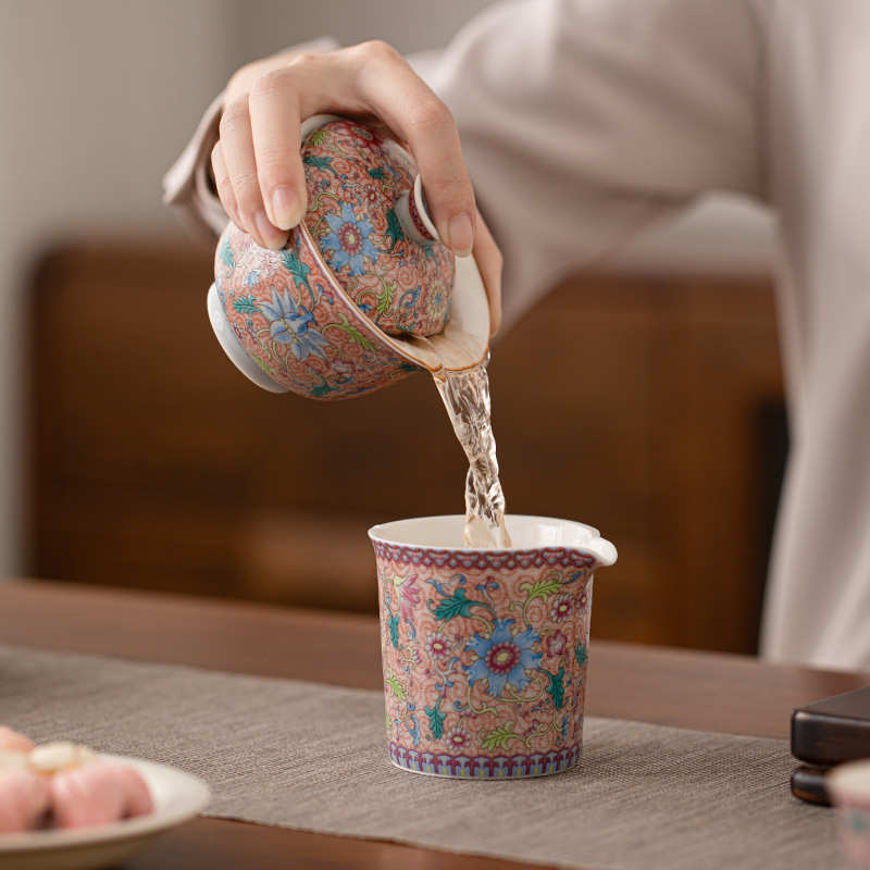 Bát có nắp tam tài hoa tráng men, bát pha trà gốm sứ kiểu Trung Quốc, cốc chủ, cốc trà, cốc công bằng, dụng cụ trà Kung Fu gia dụng