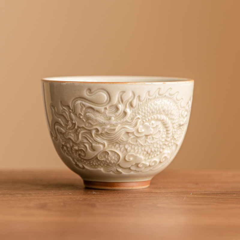 Cốc trà họa tiết rồng chạm nổi tráng men dày đặc, cốc chủ nhân, cốc trà Kung Fu Trung Quốc, cốc bộ trà gốm sứ đơn cao cấp