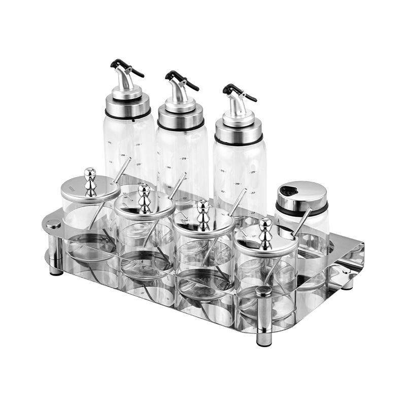 Bộ gia vị nhà hàng khay inox 304 hũ thủy tinh lọ gia vị nhà bếp gia dụng thủy tinh borosilicate JZ25031