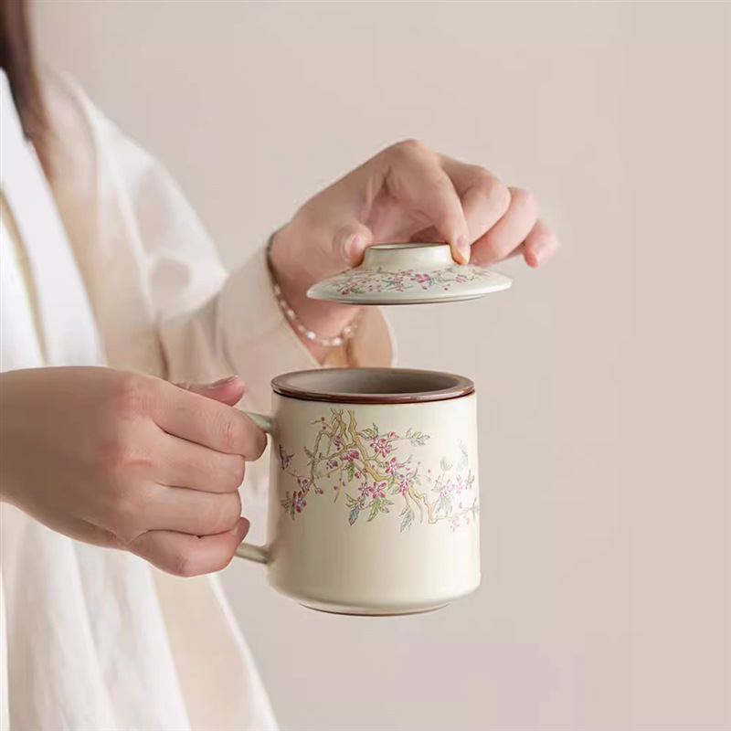 Cốc pha trà lọc gốm sứ Ru Kiln Cốc pha trà tách trà có nắp làm quà lưu niệm doanh nghiệp