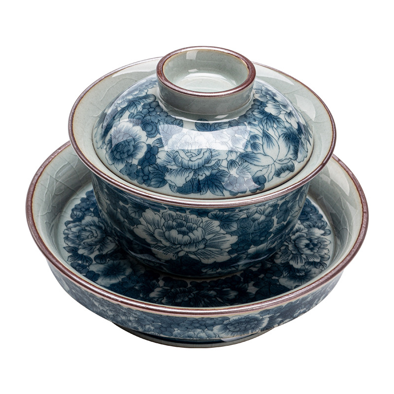 Ấm chén gốm sứ trắng xanh cổ kính ấm chén Bát cầm tay cỡ lớn cổ điển cao cấp Bát trà Kung Fu cỡ lớn bán buôn