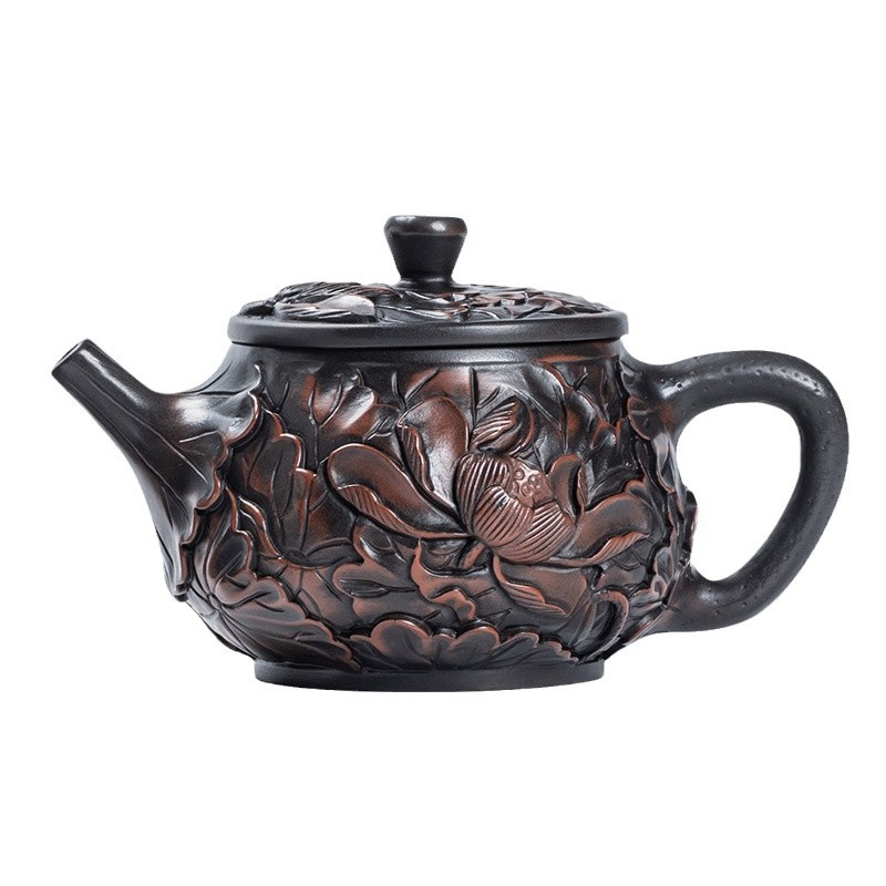 Ấm trà thủ công nổi tiếng Vân Nam gốm tím ấm đơn chạm nổi đầy đủ ấm pha trà chạm khắc ấm trà bộ ấm sức khỏe