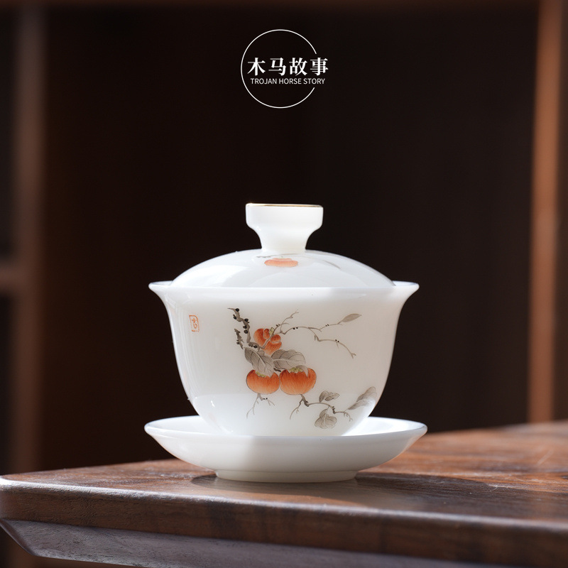 Bộ ấm chén sứ ngọc bích vẽ tay, nắp đậy, kiểu dáng cao cấp, chất liệu sứ trắng Dehua, họa tiết Sancai, hộp quà tặng sang trọng