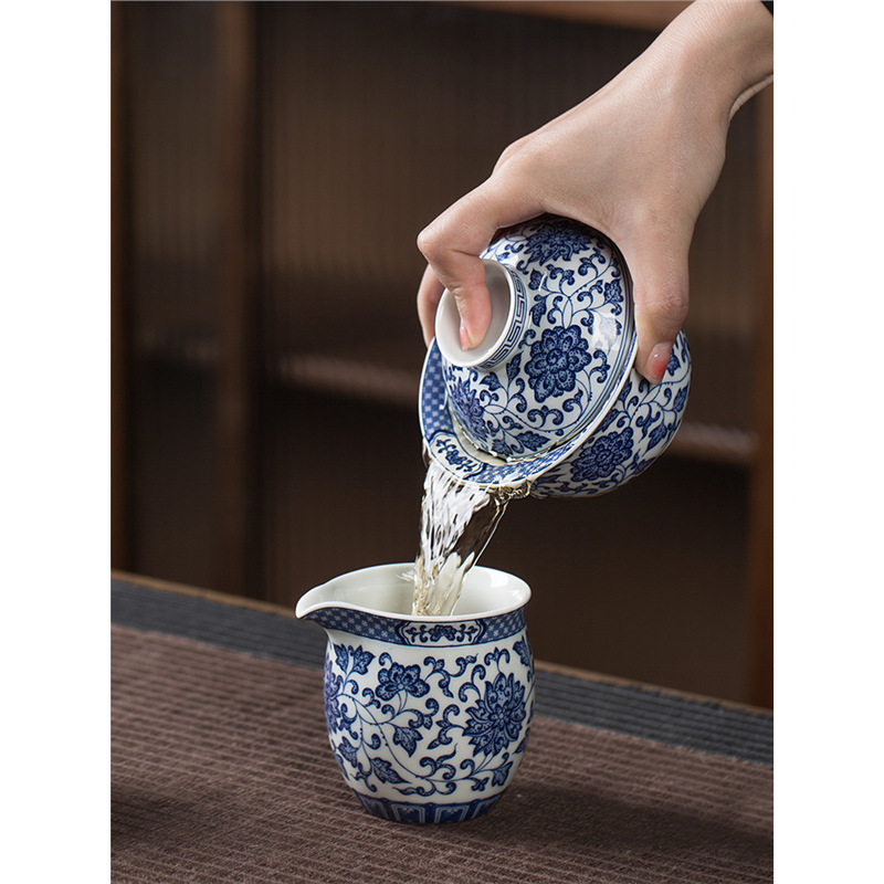 Cốc trà có nắp, bát trà tam tài đơn, bộ trà sứ trắng xanh cỡ lớn, trà Kung Fu sứ trắng