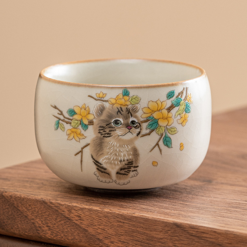 Cốc chủ nhân mèo dễ thương hoa vàng Ru Kiln tách trà có thể nâng cốc đơn dụng cụ trà Kung Fu gốm sứ gia dụng cốc trà