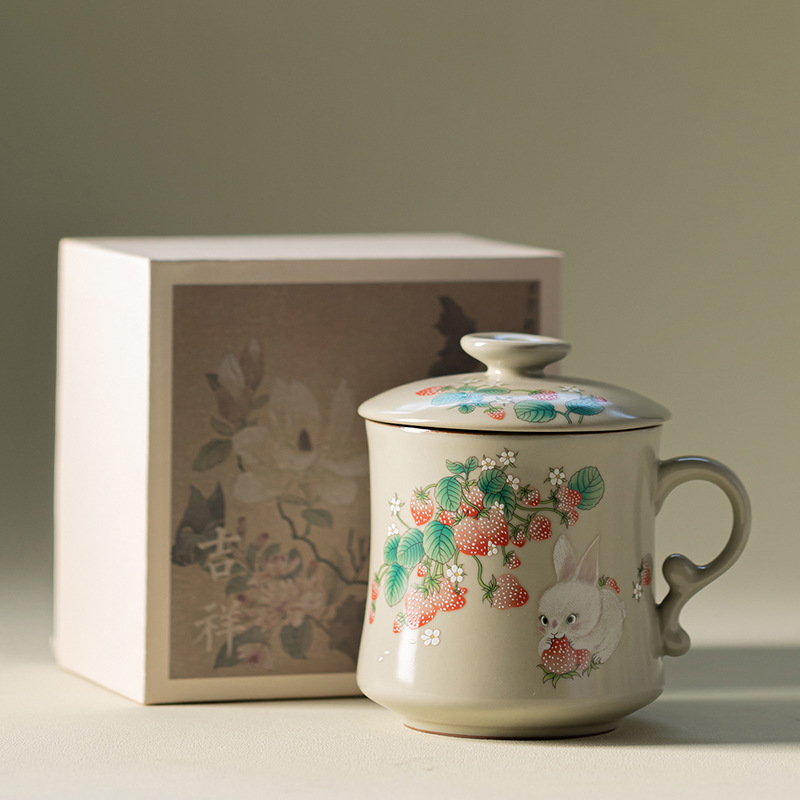 Ruyao Dâu Thỏ Trăng Lưỡi Liềm Cốc Nước Cốc Sứ Văn Phòng Có Nắp Hộ Gia Đình Công Suất Lớn Lọc Trà