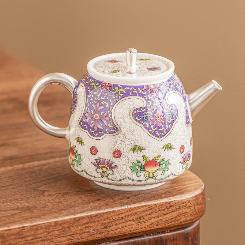 Ấm trà tinh xảo mạ bạc 999 ấm bánh xe khổng lồ tráng men cloisonné ấm đơn ấm pha trà cỡ nhỏ gia dụng ấm cầm tay gốm sứ