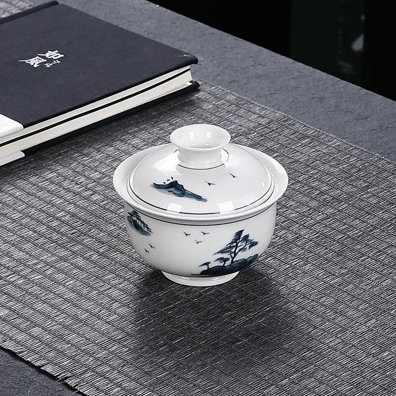 Màu men vẽ tay có nắp, cốc trà, bát pha trà, bát trà Kung Fu cao cấp tinh tế màu xám và trắng sứ trắng