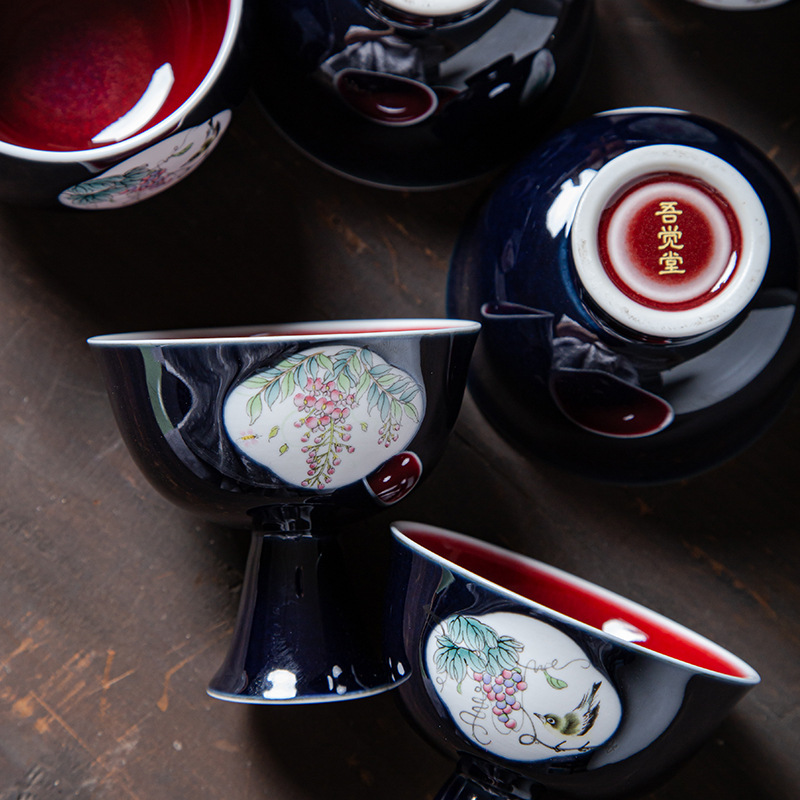 Cốc trà chân cao tráng men vẽ tay cửa sổ hoa chim cốc chủ nhân gốm sứ cốc đơn cá nhân bộ trà Kung Fu cốc trà cổ điển