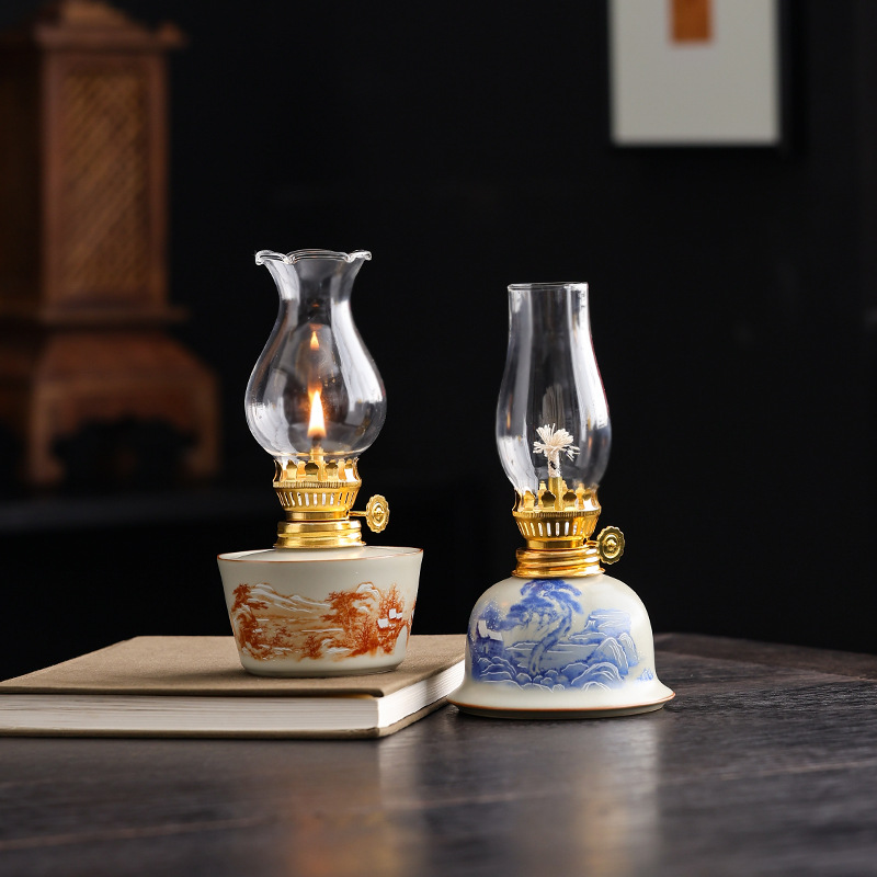Đèn bơ gốm trắng xanh trang trí phòng trà cắm trại đèn xung quanh hoài cổ không gian trà cổ trang trí phụ kiện trà đạo