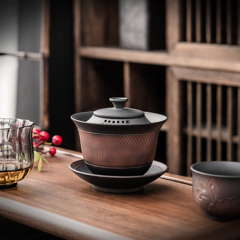 Bán buôn Bộ trà gốm tím Bát trà nắp tam tài cốc trà có nắp đơn cao cấp Bát trà gốm sứ cỡ lớn gia dụng