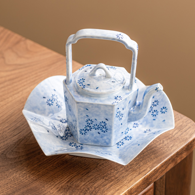 Ấm trà gốm cổ điển kiểu Trung Quốc có tay cầm hoa cúc màu xanh, thích hợp sử dụng tại nhà, bộ trà kung fu có bộ lọc, nồi đơn chống bỏng.