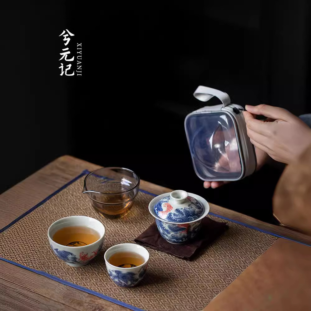 Bộ ấm chén sứ xanh trắng, một ấm hai chén, bộ trà du lịch, chén trà di động, pha trà, phong cách cắm trại ngoài trời