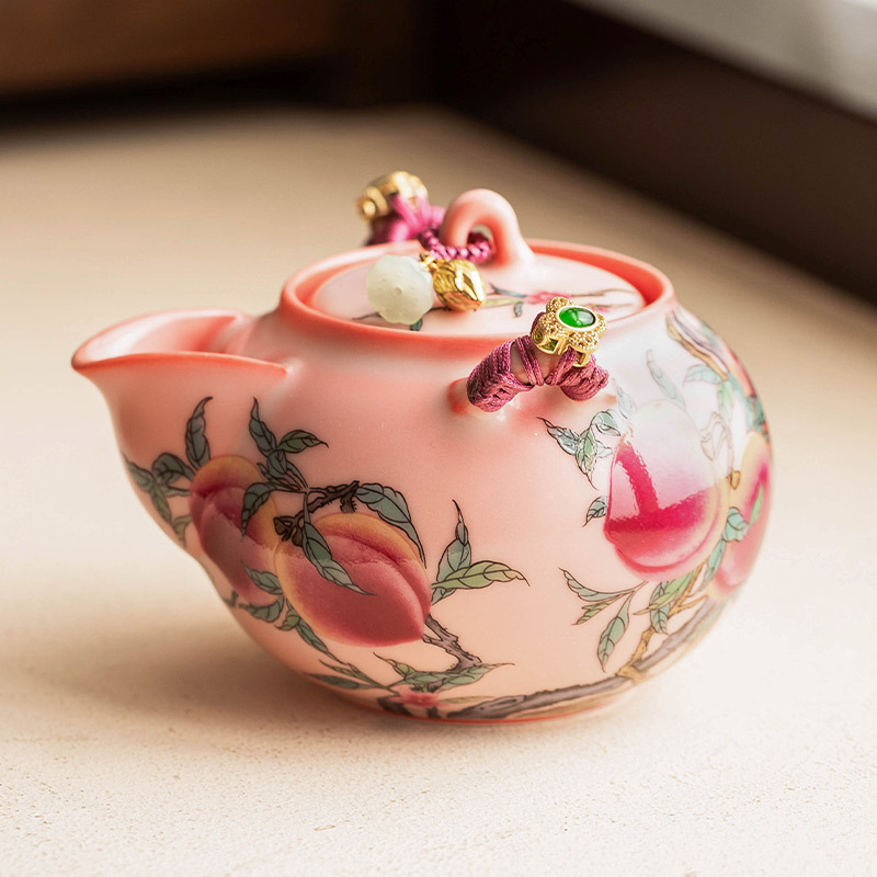 Ấm cầm tay chín quả đào hồng, ấm trà gốm sứ, dụng cụ pha trà kungfu gia dụng, ấm đơn lọc, hộp quà không nóng