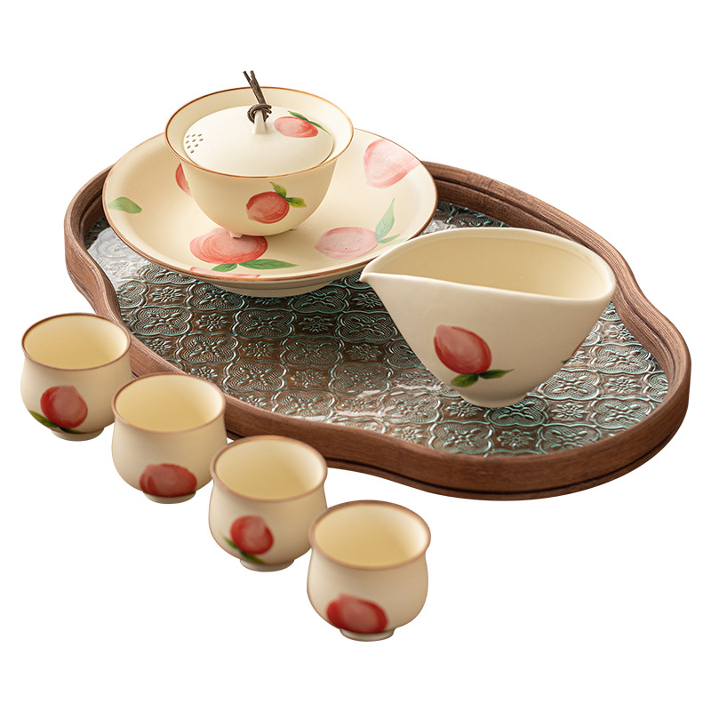 Bộ trà màu vàng kem đào vẽ tay dụng cụ trà Kung Fu sáng tạo gốm sứ gia dụng dễ thương bát trà cốc trà
