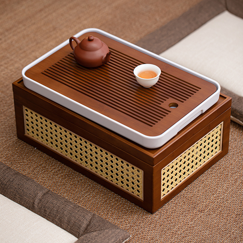 Hộp đựng đồ đa năng gia dụng khay trà bộ trà kungfu đan mây tre đan kiểu Nhật bộ khay trà khay đựng đồ cổ điển