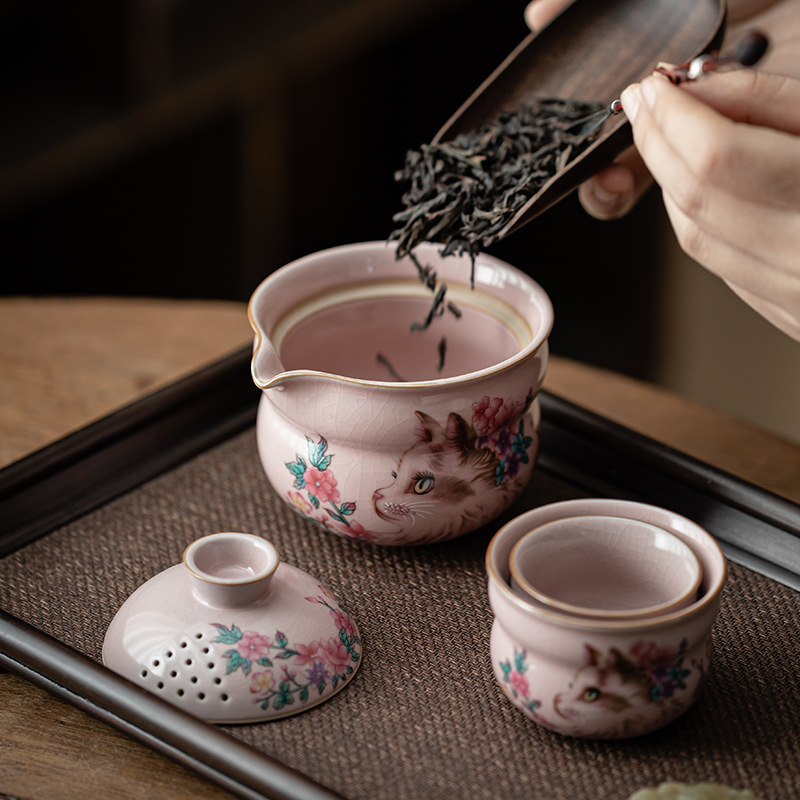 Bộ trà du lịch bầu mèo hồng, một ấm hai cốc gốm sứ, cốc khách nhanh di động, trà du lịch ngoài trời