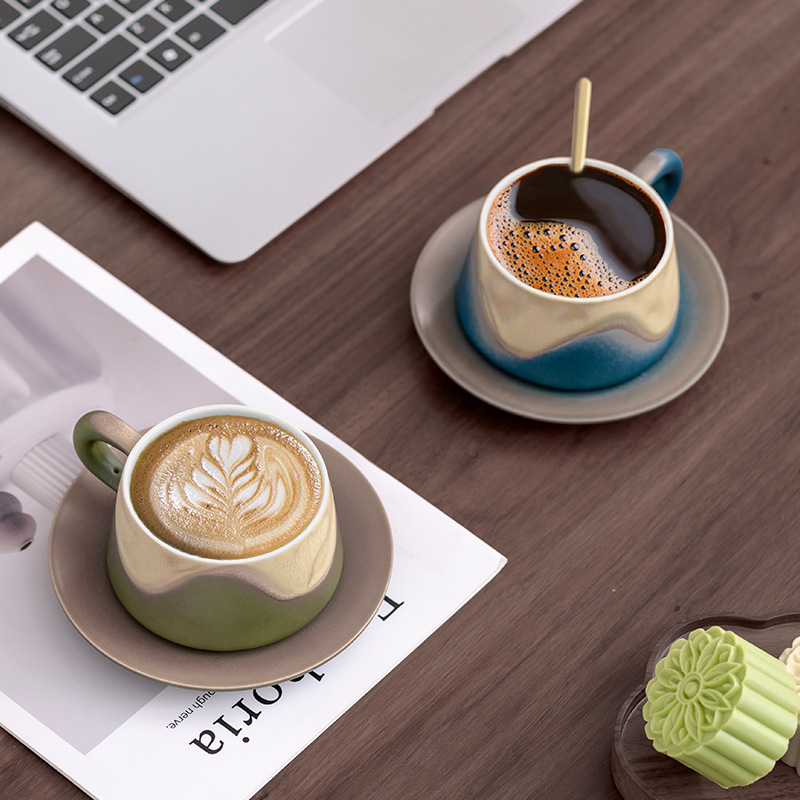 Bộ cốc và đĩa cà phê lò nung, cốc và đĩa, cốc gốm cao cấp tinh tế cao cấp, cốc cà phê latte sang trọng nhẹ nhàng, quà lưu niệm