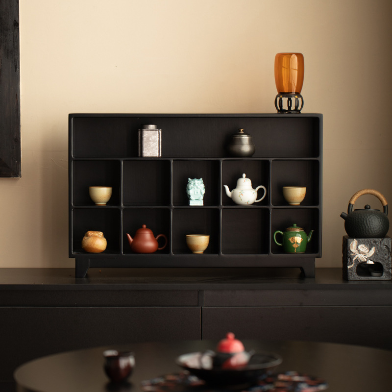 Máy tính để bàn bằng gỗ nguyên khối kiểu Trung Quốc, hộp đựng đồ đựng cốc trà, giá đựng trà Bogu, tủ trưng bày gỗ óc chó đen treo tường