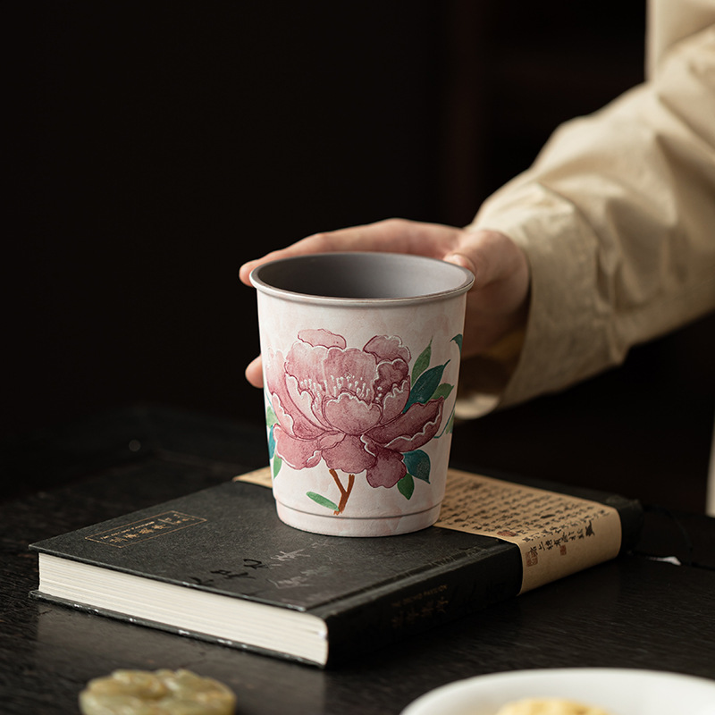 Đá cũ bùn trang điểm nhẹ hoa mẫu đơn cốc cola văn phòng nhà cá nhân cốc uống nước gốm trà chủ cốc quà tặng