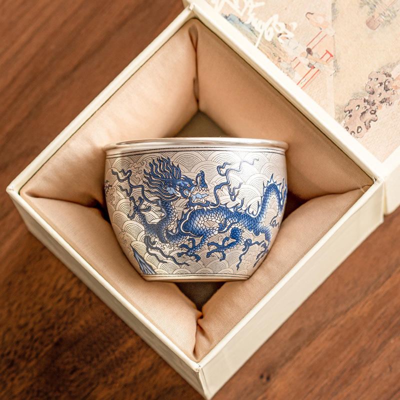 Cốc bình phong hoa văn rồng trắng xanh mạ bạc 999 cốc đơn cao cấp cốc chủ nhân Bộ trà Kungfu cốc trà