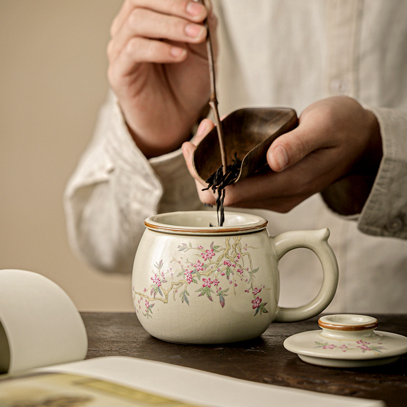 Cốc trà Ru Kiln tách trà gốm sứ dung tích lớn có nắp lọc cốc pha trà cốc cá nhân văn phòng