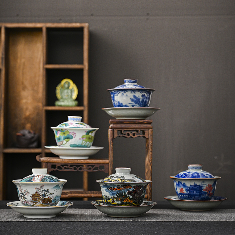 Jingdezhen màu xanh và trắng gốm sứ ba tài năng cốc trà bộ trà một bộ trà Kung Fu cao cấp bán buôn bát pha trà có nắp