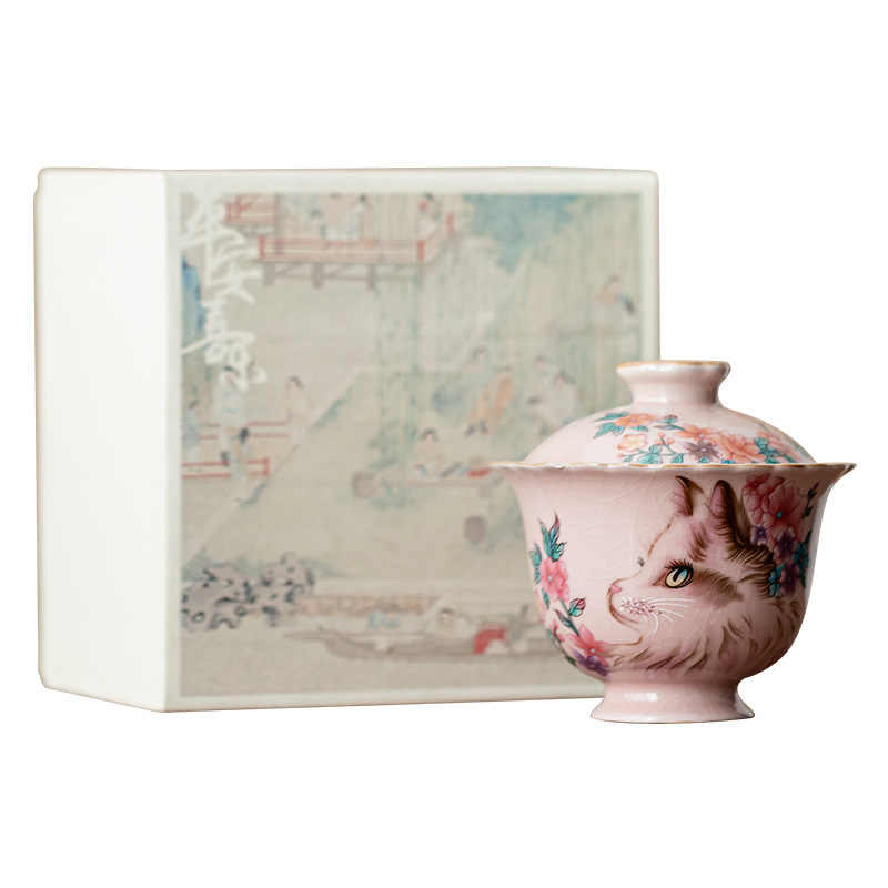 Bát có nắp gốm sứ hình mèo hồng cổ dụng dụng cụ pha trà có nắp tách trà bát pha trà hộp quà