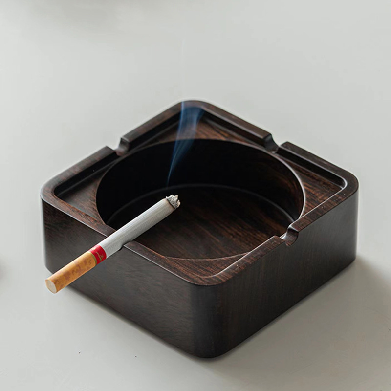 Gạt tàn vuông gỗ nguyên khối gỗ mun có nắp trang trí trang trí chống gió chống tro bay văn phòng gia dụng Gạt tàn thời trang