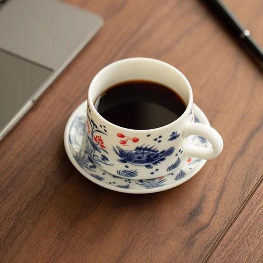 Bộ cốc và đĩa cà phê tinh tế với họa tiết tảo cá, cốc uống trà gia đình văn phòng gốm sứ, bộ trà Kung Fu