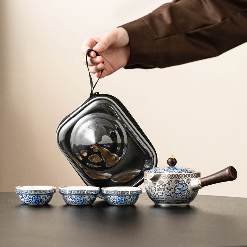 Bộ ấm trà du lịch mạ bạc 999 cây sen nhà xưởng, một ấm ba cốc, cốc khách nhanh di động, cốc bên tay cầm, cốc trà