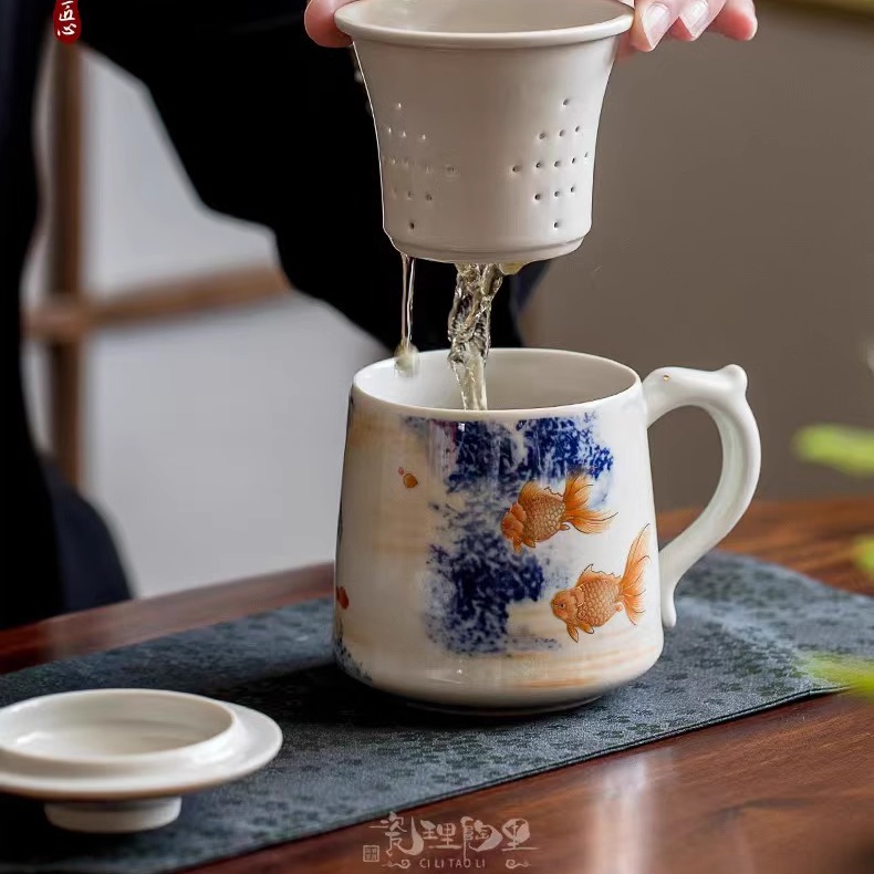 Gốm sứ Li Yufengyu Cốc pha trà gốm sứ tách trà tách nước Cốc sứ có nắp Cốc sứ có tay cầm