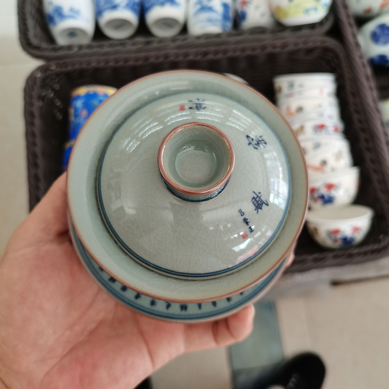 Gốm sứ Jingdezhen gốm sứ cũ gốm sứ ba tài năng có nắp, lò nung lạnh Fu vết nứt men chống bỏng, bộ trà Kung Fu, bát trà